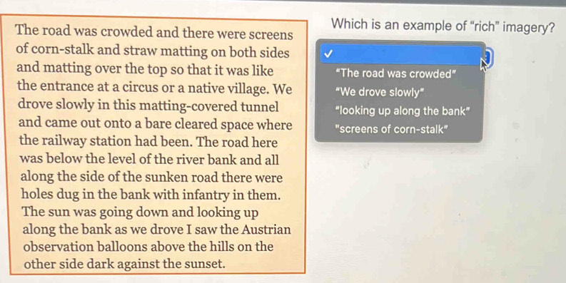 Which is an example of “rich” imagery?
The road was crowded and there were screens
of corn-stalk and straw matting on both sides
and matting over the top so that it was like "The road was crowded”
the entrance at a circus or a native village. We “We drove slowly”
drove slowly in this matting-covered tunnel "looking up along the bank"
and came out onto a bare cleared space where "screens of corn-stalk"
the railway station had been. The road here
was below the level of the river bank and all
along the side of the sunken road there were
holes dug in the bank with infantry in them.
The sun was going down and looking up
along the bank as we drove I saw the Austrian
observation balloons above the hills on the
other side dark against the sunset.