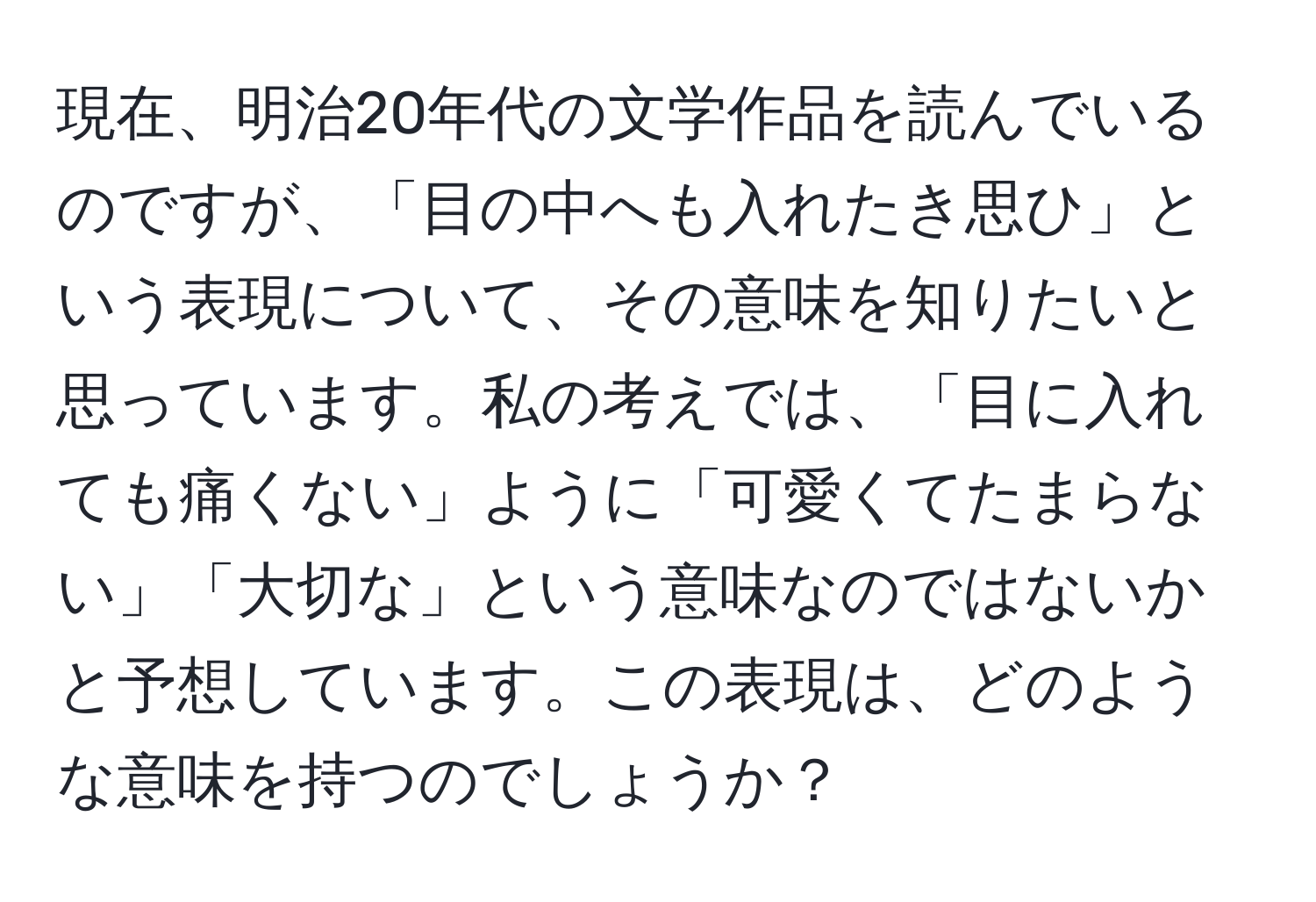 現在、明治20年代の文学作品を読んでいるのですが、「目の中へも入れたき思ひ」という表現について、その意味を知りたいと思っています。私の考えでは、「目に入れても痛くない」ように「可愛くてたまらない」「大切な」という意味なのではないかと予想しています。この表現は、どのような意味を持つのでしょうか？