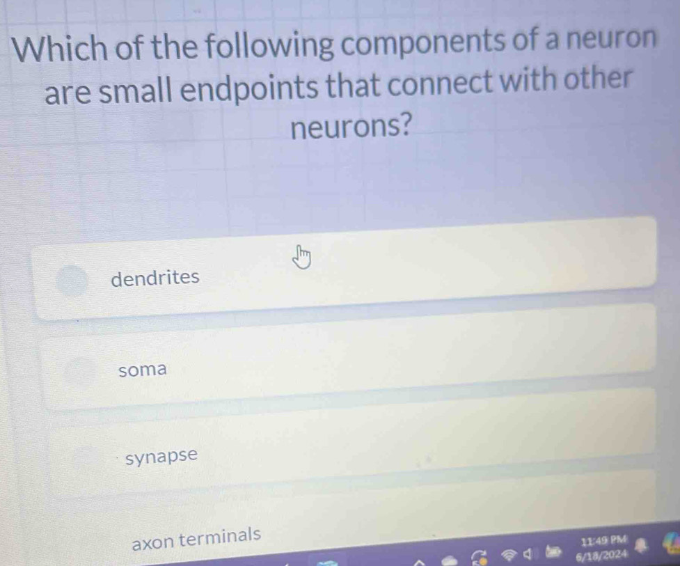 Which of the following components of a neuron
are small endpoints that connect with other
neurons?
dendrites
soma
synapse
axon terminals
11:49 PM
6/18/2024