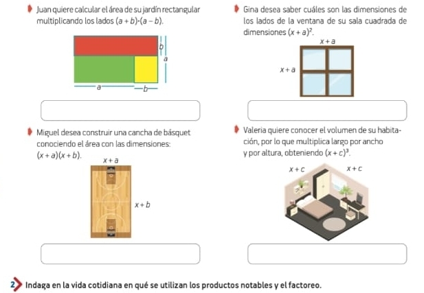 Juan quiere calcular el área de su jardín rectangular Gina desea saber cuáles son las dimensiones de
multiplicando los lados (a+b)· (a-b). los lados de la ventana de su sala cuadrada de
dimensiones (x+a)^2.
x+a
x+a
Miguel desea construir una cancha de básquet Valeria quiere conocer el volumen de su habita-
conociendo el área con las dimensiones: ción, por lo que multiplica largo por ancho
(x+a)(x+b). y por altura, obteniendo (x+c)^3.
x+a
x+b
2  Indaga en la vida cotidiana en qué se utilizan los productos notables y el factoreo.