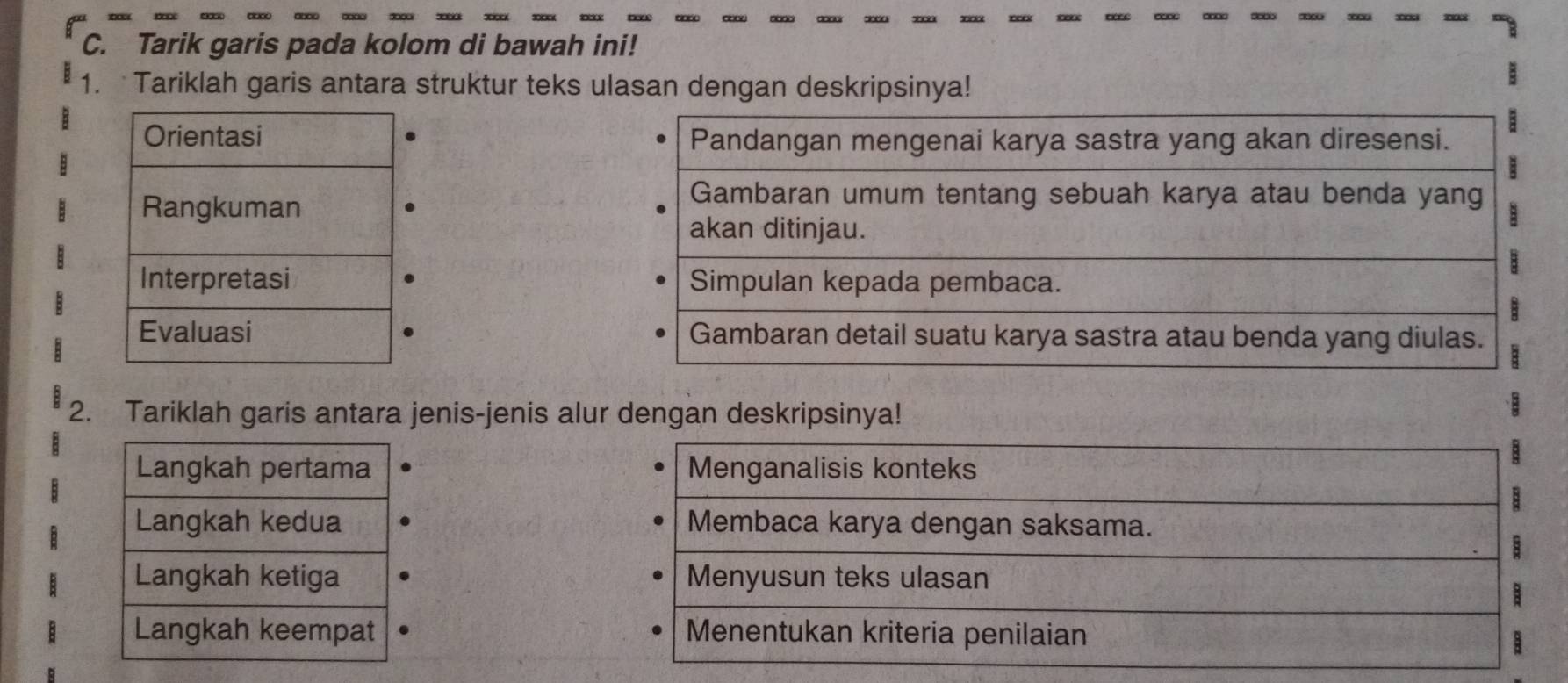 Tarik garis pada kolom di bawah ini! 
1. Tariklah garis antara struktur teks ulasan dengan deskripsinya! 



2. Tariklah garis antara jenis-jenis alur dengan deskripsinya!