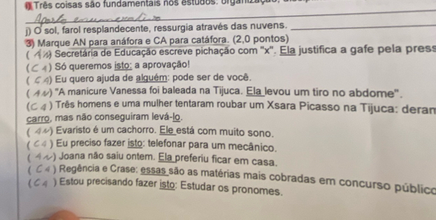 Três coisas são fundamentais nos estudos: organizaça
_
_
j) O sol, farol resplandecente, ressurgia através das nuvens._
3) Marque AN para anáfora e CA para catáfora. (2,0 pontos)
%) Secretária de Educação escreve pichação com '' x ''. Ela justifica a gafe pela press
 ) Só queremos isto: a aprovação!
( Ç 4) Eu quero ajuda de alguém: pode ser de você.
( αル) "A manicure Vanessa foi baleada na Tijuca. Ela levou um tiro no abdome".
(C 4 ) Três homens e uma mulher tentaram roubar um Xsara Picasso na Tijuca: deran
carro, mas não conseguiram levá-lo.
( 4 ) Evaristo é um cachorro. Ele está com muito sono.
( ८ 4 ) Eu preciso fazer isto: telefonar para um mecânico.
(44) Joana não saiu ontem. Ela preferiu ficar em casa.
( C « ) Regência e Crase: essas são as matérias mais cobradas em concurso público
C 7 ) Estou precisando fazer isto: Estudar os pronomes.