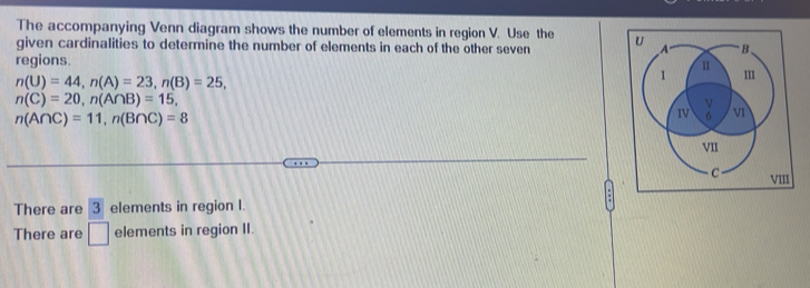 The accompanying Venn diagram shows the number of elements in region V. Use the 
given cardinalities to determine the number of elements in each of the other seven 
regions.
n(U)=44, n(A)=23, n(B)=25,
n(C)=20, n(A∩ B)=15,
n(A∩ C)=11, n(B∩ C)=8
VIII 
There are 3 elements in region I. 
There are □ elements in region II.