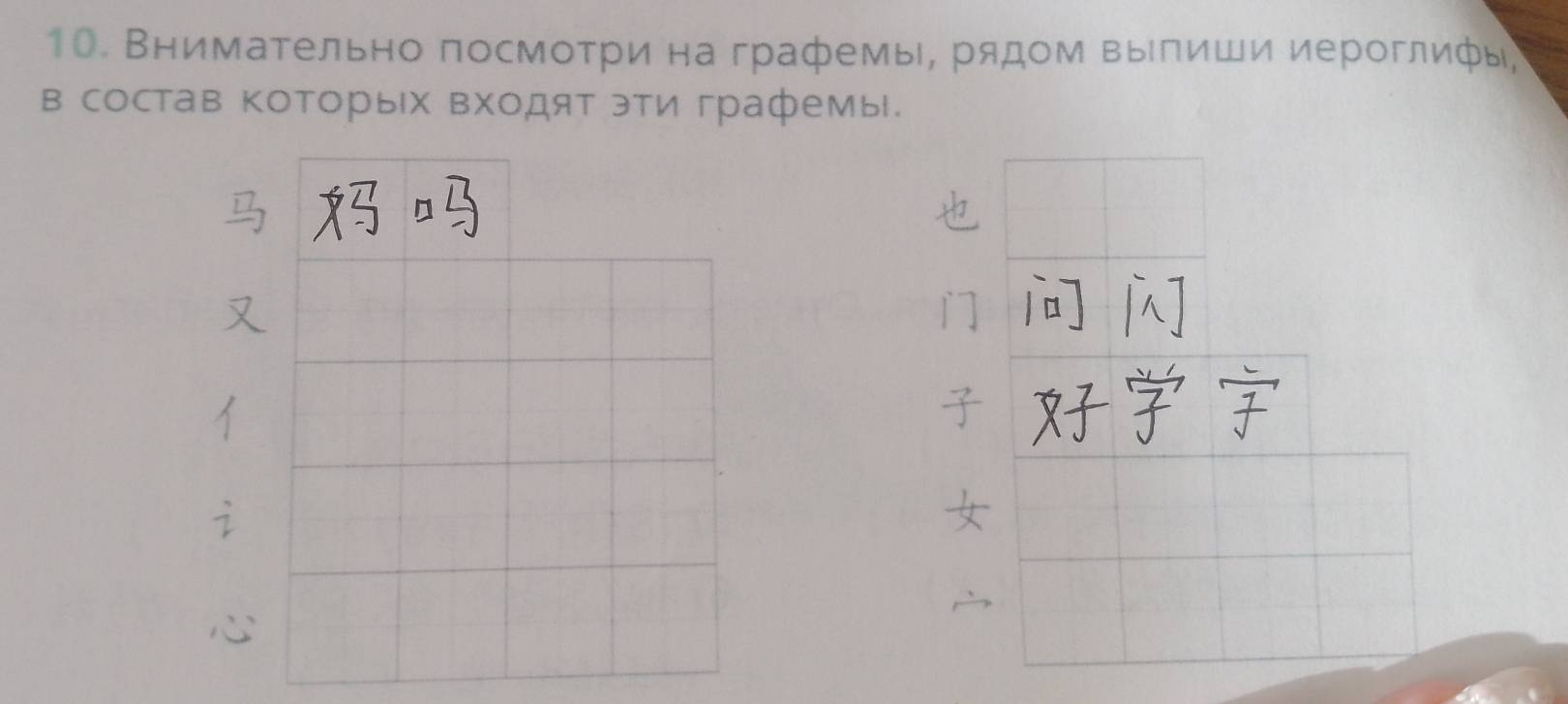 Внимательно πосмотри на графемы, рядом выπиши иероглифы 
в состав которых входяТ эти графемы.