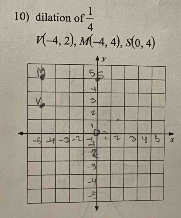 dilation of  1/4 
V(-4,2), M(-4,4), S(0,4)