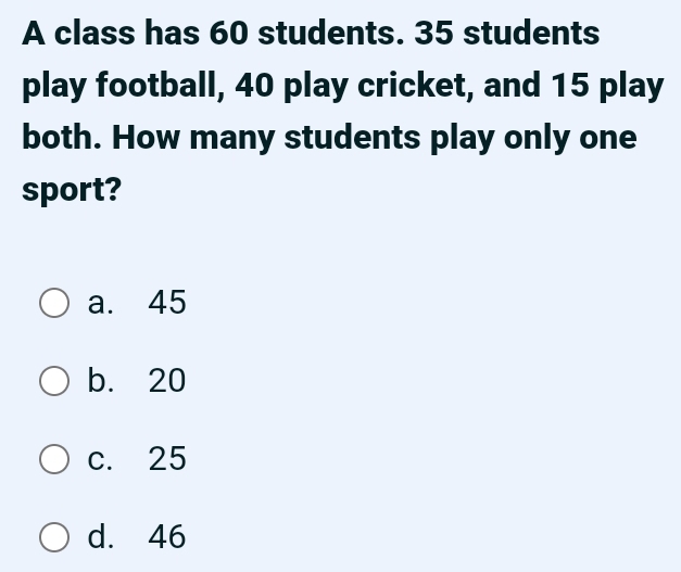 A class has 60 students. 35 students
play football, 40 play cricket, and 15 play
both. How many students play only one
sport?
a. 45
b. 20
c. 25
d. 46