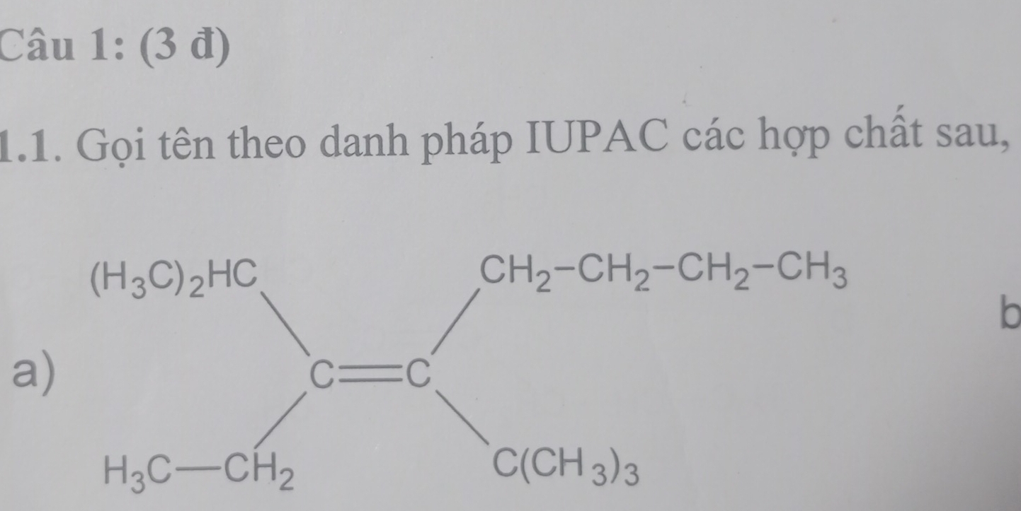 (3 đ)
1.1. Gọi tên theo danh pháp IUPAC các hợp chất sau,
b
a)