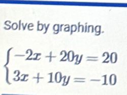 Solve by graphing.
beginarrayl -2x+20y=20 3x+10y=-10endarray.