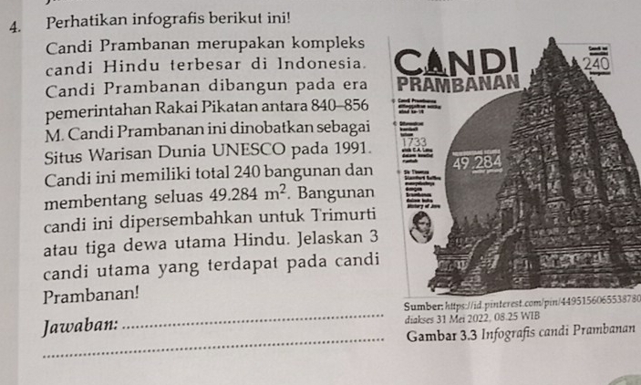 Perhatikan infografis berikut ini! 
Candi Prambanan merupakan kompleks 
candi Hindu terbesar di Indonesia. 
Candi Prambanan dibangun pada era 
pemerintahan Rakai Pikatan antara 840-856
M. Candi Prambanan ini dinobatkan sebagai 
Situs Warisan Dunia UNESCO pada 1991. 
Candi ini memiliki total 240 bangunan dan 
membentang seluas 49.284m^2. Bangunan 
candi ini dipersembahkan untuk Trimurti 
atau tiga dewa utama Hindu. Jelaskan 3
candi utama yang terdapat pada candi 
Prambanan! 
Jawaban: _Sumber: https://id.pinterest.com/pin/4495156065538780 
diakses 31 Mei 2022, 08.25 WIB 
_ 
Gambar 3.3 Infografis candi Prambanan