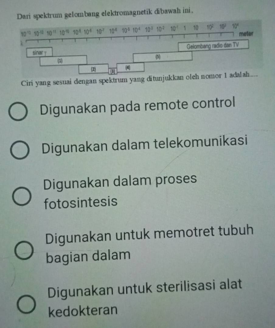 Dari spektrum gelombang elektromagnetik dibawah ini.
Ciri yang sesuai dengan spektrum yang ditunjuk
Digunakan pada remote control
Digunakan dalam telekomunikasi
Digunakan dalam proses
fotosintesis
Digunakan untuk memotret tubuh
bagian dalam
Digunakan untuk sterilisasi alat
kedokteran