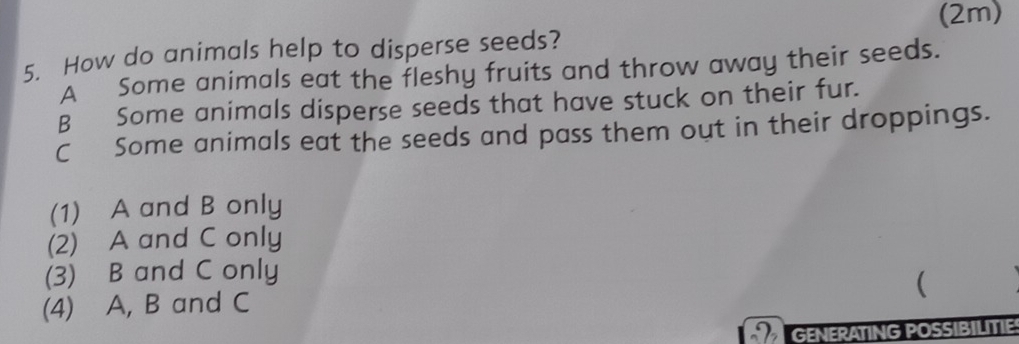 (2m)
5. How do animals help to disperse seeds?
A Some animals eat the fleshy fruits and throw away their seeds.
B Some animals disperse seeds that have stuck on their fur.
C Some animals eat the seeds and pass them out in their droppings.
(1) A and B only
(2) A and C only
(3) B and C only
(4) A, B and C 