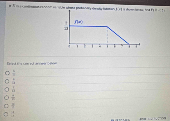 If X is a continuous random variable whose probability density function f(x) is shown below, find P(X<5)
 2/13  f(x)
0 i 2 3 4 5 6 7 8 9
Select the correct answer below:
 5/13 
 6/13 
 T/13 
 9/13 
 10/13 
 11/13 
MORE INSTRUCTION