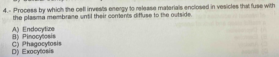 4.- Process by which the cell invests energy to release materials enclosed in vesicles that fuse with
the plasma membrane until their contents diffuse to the outside.
A) Endocytize
B) Pinocytosis
C) Phagocytosis
D) Exocytosis