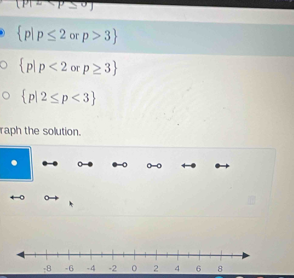 (p|z
 p|p≤ 2 or p>3
 p|p<2</tex> or p≥ 3
 p|2≤ p<3
raph the solution. 
。 0-0 
。 
。