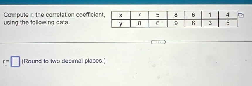 Compute r, the correlation coefficien 
using the following data.
r=□ (Roundt to two decimal places.)