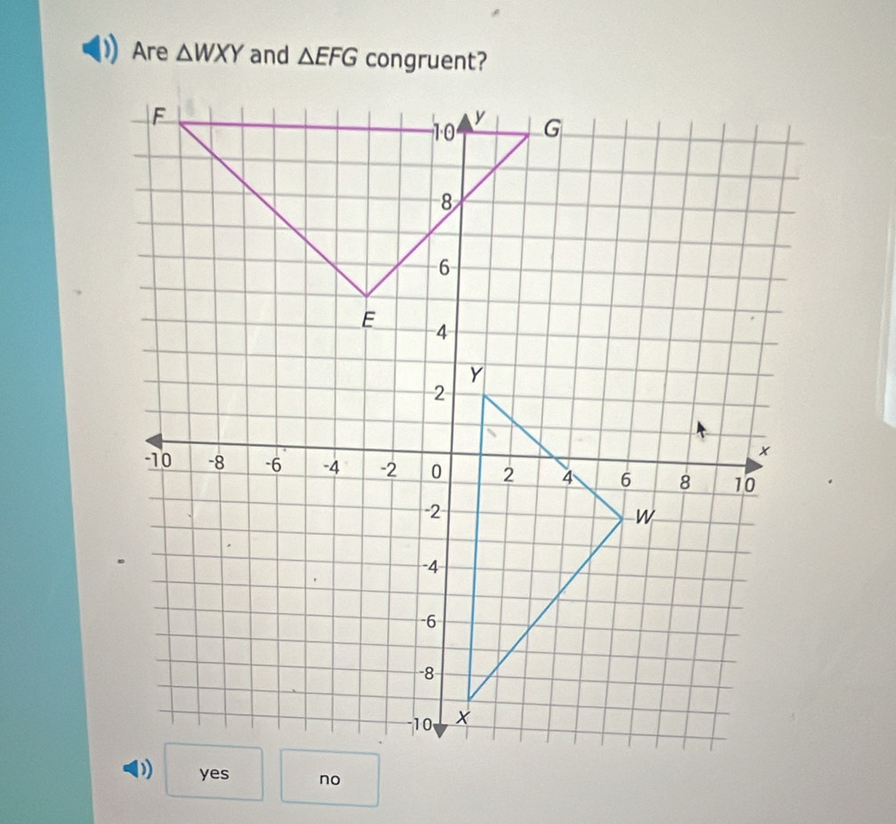 Are △ WXY and △ EFG congruent?
no