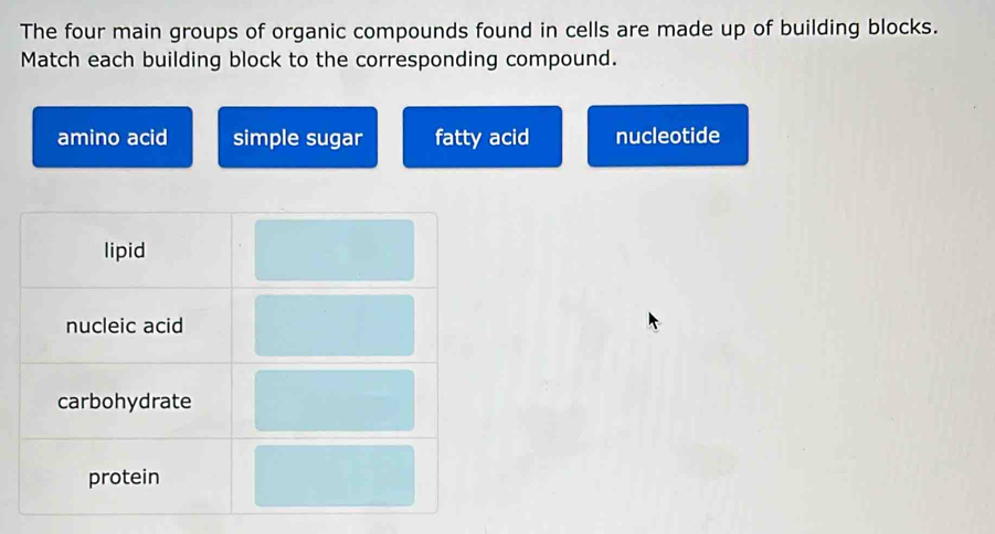 Solved: The four main groups of organic compounds found in cells are ...