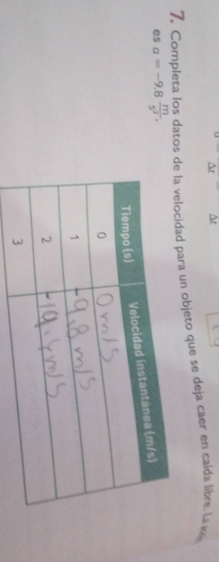 A+ 
^t 
7. Completa los datos de la velocidad para un objeto que se deja caer en caída libre. La ad 
es a=-9.8 m/s^2 .