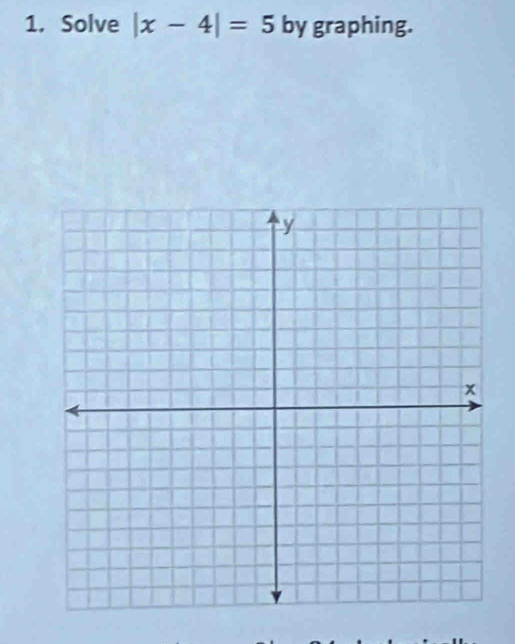 Solve |x-4|=5 by graphing.