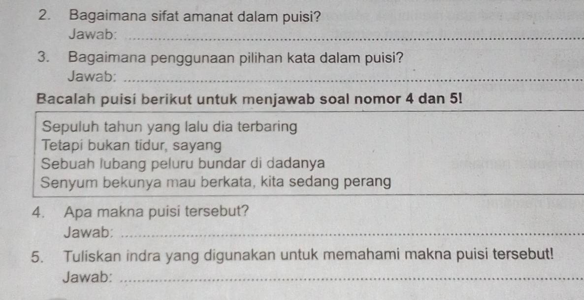 Bagaimana sifat amanat dalam puisi? 
Jawab:_ 
3. Bagaimana penggunaan pilihan kata dalam puisi? 
Jawab:_ 
_ 
Bacalah puisi berikut untuk menjawab soal nomor 4 dan 5! 
Sepuluh tahun yang lalu dia terbaring 
Tetapi bukan tidur, sayang 
Sebuah lubang peluru bundar di dadanya 
Senyum bekunya mau berkata, kita sedang perang 
4. Apa makna puisi tersebut? 
Jawab:_ 
5. Tuliskan indra yang digunakan untuk memahami makna puisi tersebut! 
Jawab:_