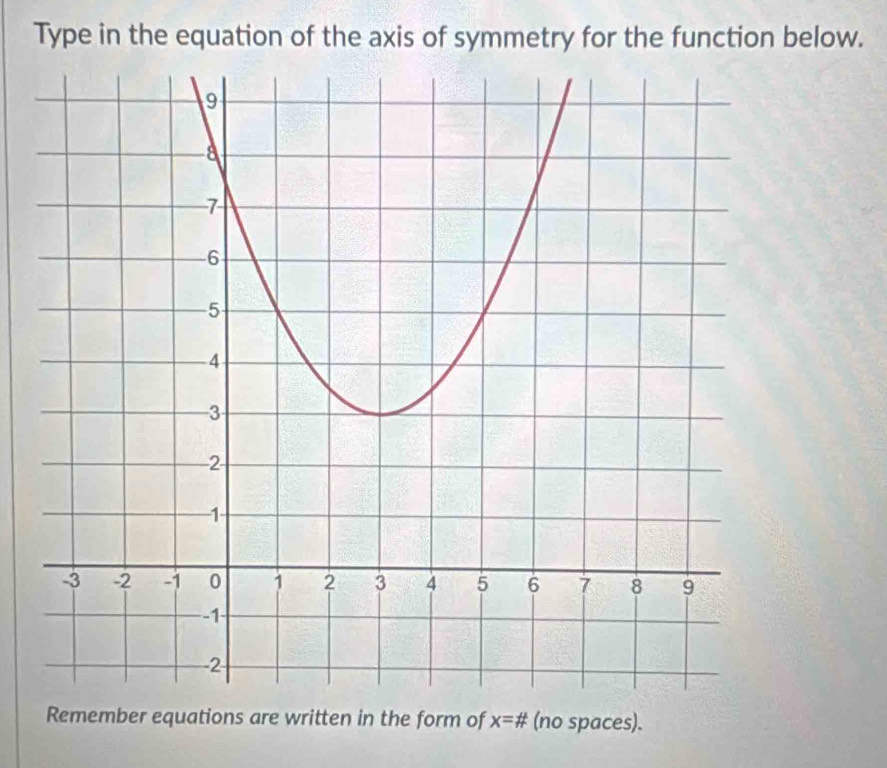 Type in the equation of the axis of symmetry for the function below. 
Remember equations are written in the form of x=# (no spaces).