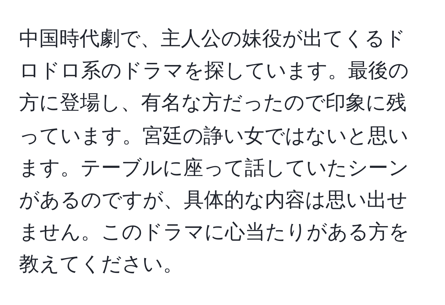 中国時代劇で、主人公の妹役が出てくるドロドロ系のドラマを探しています。最後の方に登場し、有名な方だったので印象に残っています。宮廷の諍い女ではないと思います。テーブルに座って話していたシーンがあるのですが、具体的な内容は思い出せません。このドラマに心当たりがある方を教えてください。