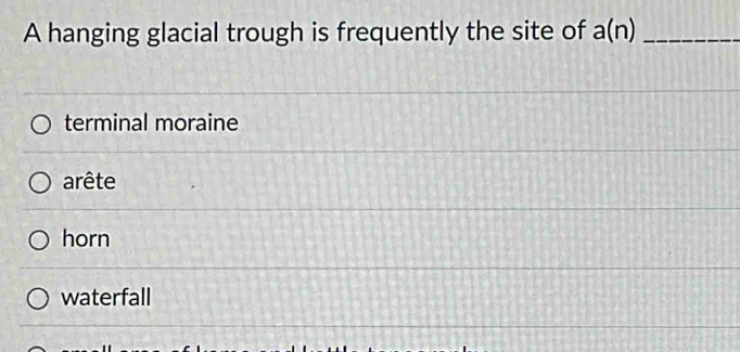 A hanging glacial trough is frequently the site of a(n) _
terminal moraine
arête
horn
waterfall
