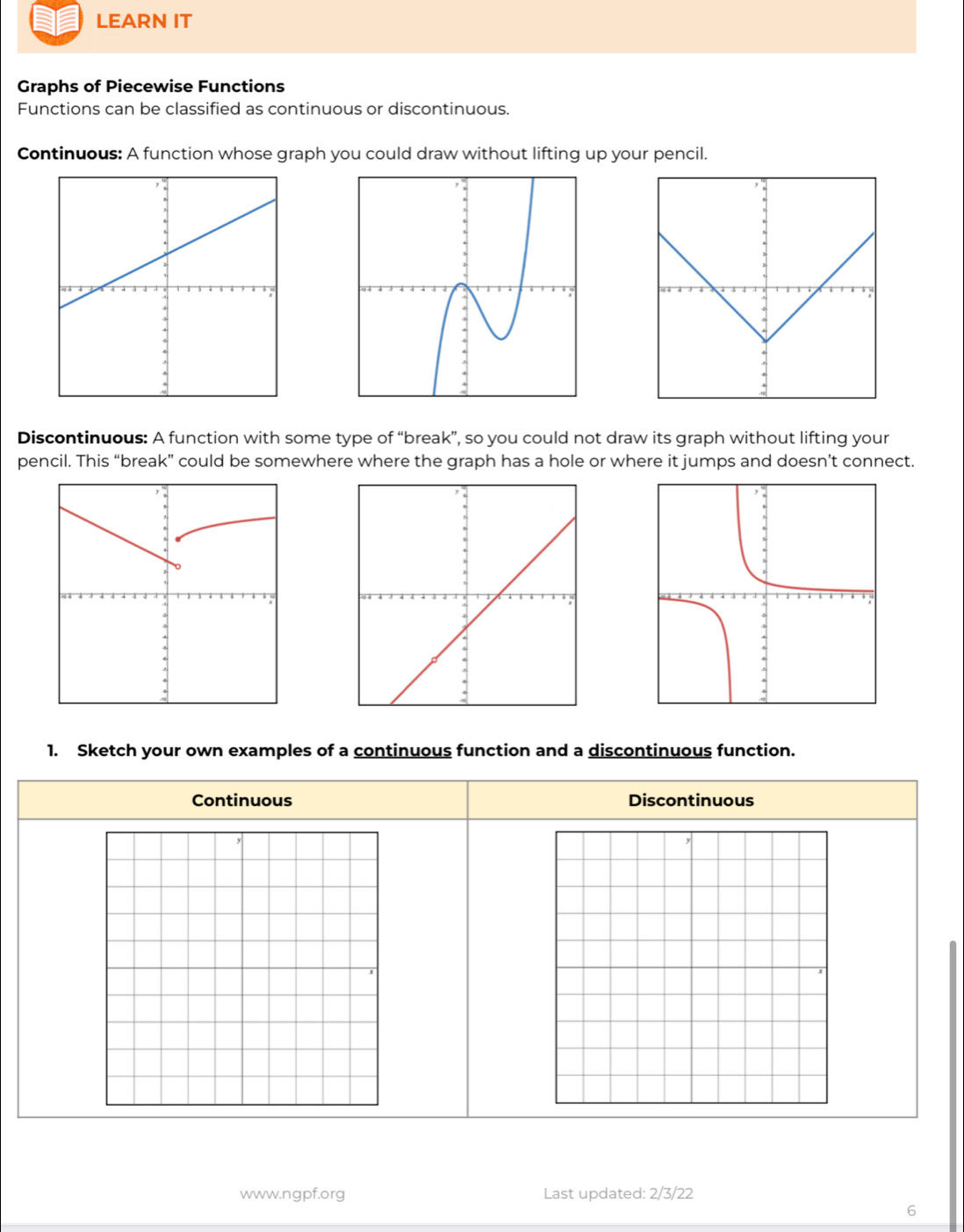 LEARN IT
Graphs of Piecewise Functions
Functions can be classified as continuous or discontinuous.
Continuous: A function whose graph you could draw without lifting up your pencil.
Discontinuous: A function with some type of “break”, so you could not draw its graph without lifting your
pencil. This “break” could be somewhere where the graph has a hole or where it jumps and doesn’t connect.
1. Sketch your own examples of a continuous function and a discontinuous function.
Continuous Discontinuous
www.ngpf.org Last updated: 2/3/22
6