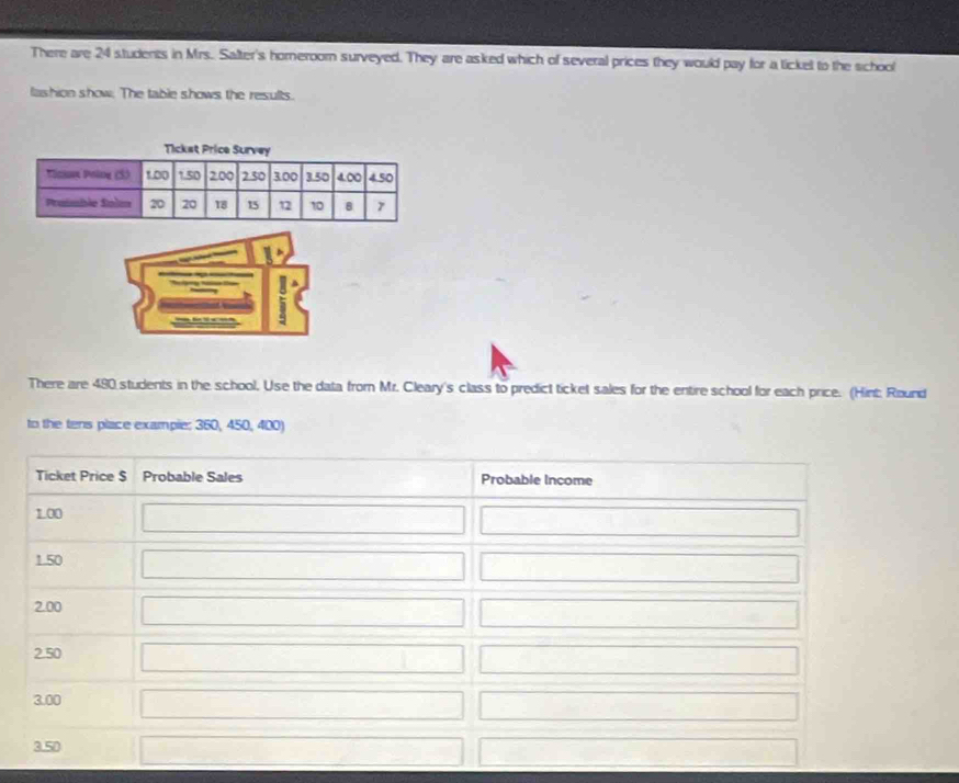 There are 24 students in Mrs. Salter's homeroom surveyed. They are asked which of several prices they would pay for a tickel to the school
fashion show. The table shows the results.
There are 480 students in the school, Use the data from Mr. Cleary's class to predict ticket sales for the entire school for each price. (Hint: Round
to the tens place example: 360, 450, 400)
Ticket Price S Probable Sales Probable Income
1.00 □ □
1.50 □ □
2.00 □ □ □ 
2.50 □ □ □ 
3.00 □ □ □  overline  _ 
3.50 □ □  -3,-12.5 □
