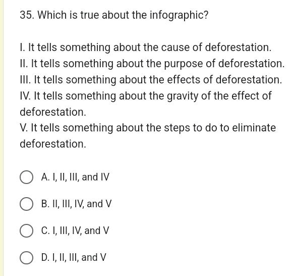 Which is true about the infographic?
I. It tells something about the cause of deforestation.
II. It tells something about the purpose of deforestation.
III. It tells something about the effects of deforestation.
IV. It tells something about the gravity of the effect of
deforestation.
V. It tells something about the steps to do to eliminate
deforestation.
A. I, II, III, and IV
B. II, III, IV, and V
C. I, III, IV, and V
D. I, II, III, and V