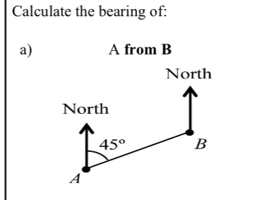 Calculate the bearing of:
a) A from B
North