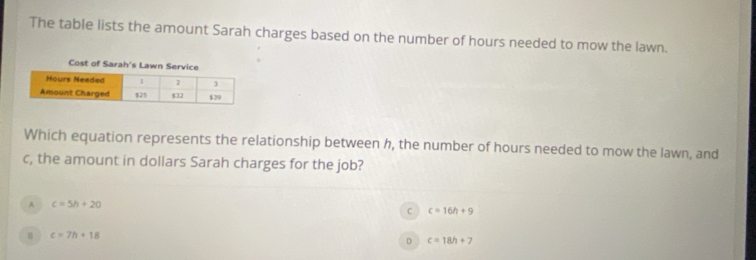 The table lists the amount Sarah charges based on the number of hours needed to mow the lawn.
Which equation represents the relationship between h, the number of hours needed to mow the lawn, and
c, the amount in dollars Sarah charges for the job?
A c=5h+20
C c=16h+9
c=7h+18
D c=18h+7