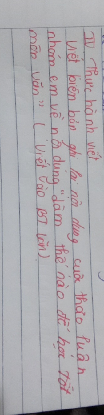 IV Thu'c hanh wet. 
viet bién bán ghi fái nón dung cuā thào fuān 
nhom em vè ná dung "dām thè`nào dē hoc rox 
mán ván" (Viéi vào B (ǎn)