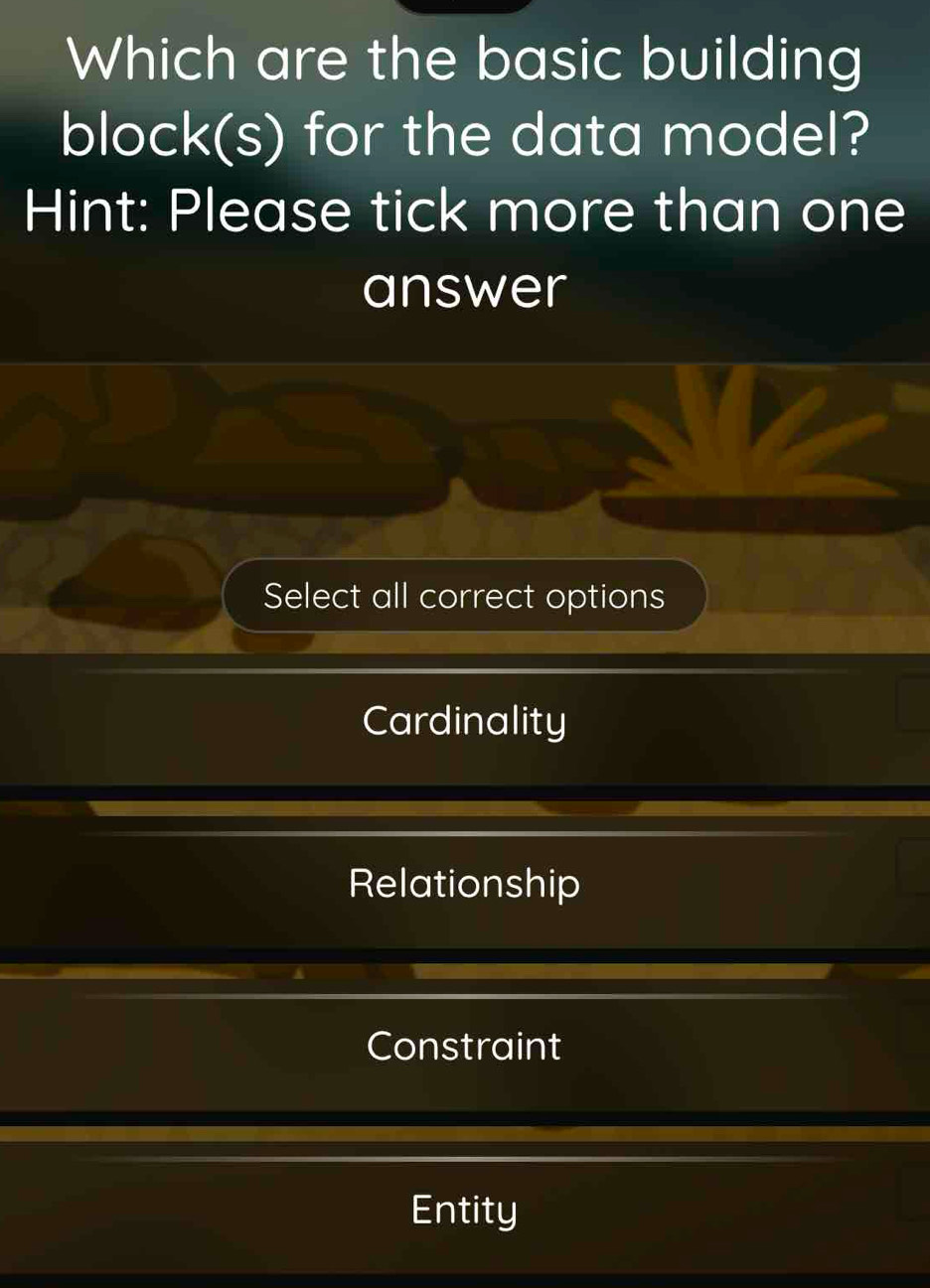 Which are the basic building
block(s) for the data model?
Hint: Please tick more than one
answer
Select all correct options
Cardinality
Relationship
Constraint
Entity