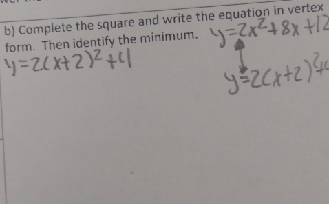 Complete the square and write the equation in vertex 
form. Then identify the minimum.