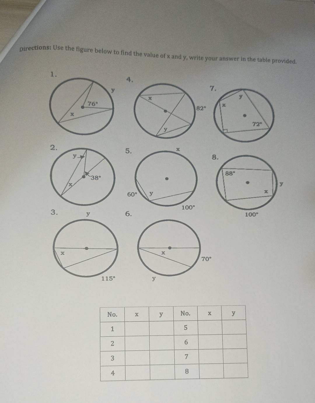 Directions: Use the figure below to find the value of x and y, write your answer in the table provided.
1.
4
6.