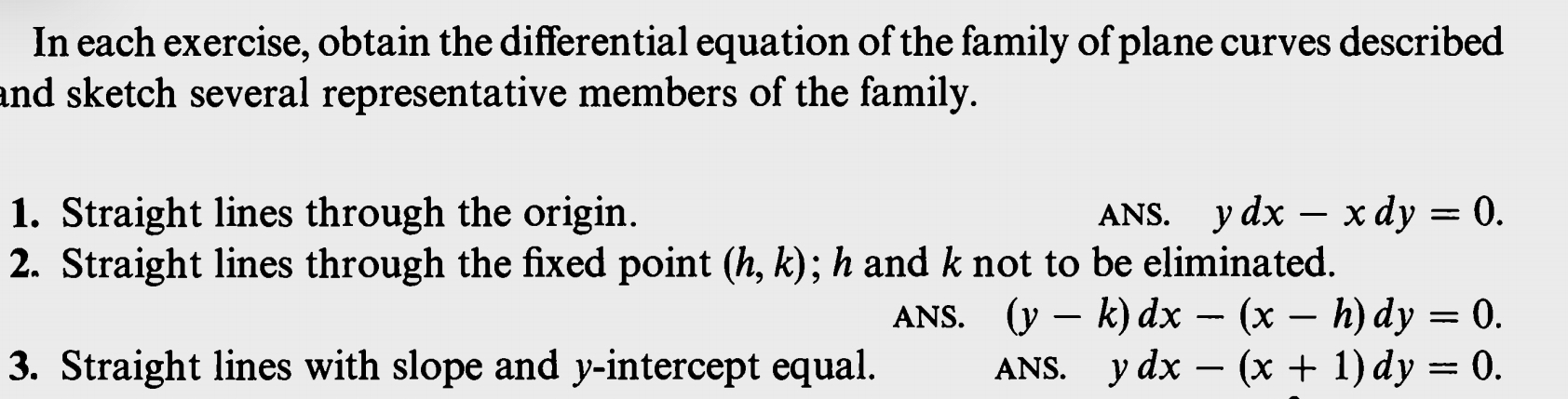 In each exercise, obtain the differential equation of the family of plane curves described 
and sketch several representative members of the family. 
1. Straight lines through the origin. ANS. ydx-xdy=0. 
2. Straight lines through the fixed point (h,k); h and k not to be eliminated. 
ANS. (y-k)dx-(x-h)dy=0. 
3. Straight lines with slope and y-intercept equal. ANS. ydx-(x+1)dy=0.