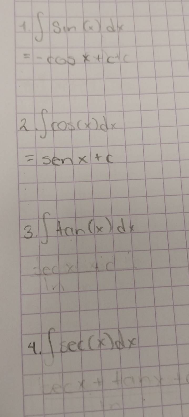 ∈t sin (x)dx
=-cos x+c+c
2. ∈t cos (x)dx
=senx+c
3. ∈t tan (x)dx
4. ∈t sec (x)dx