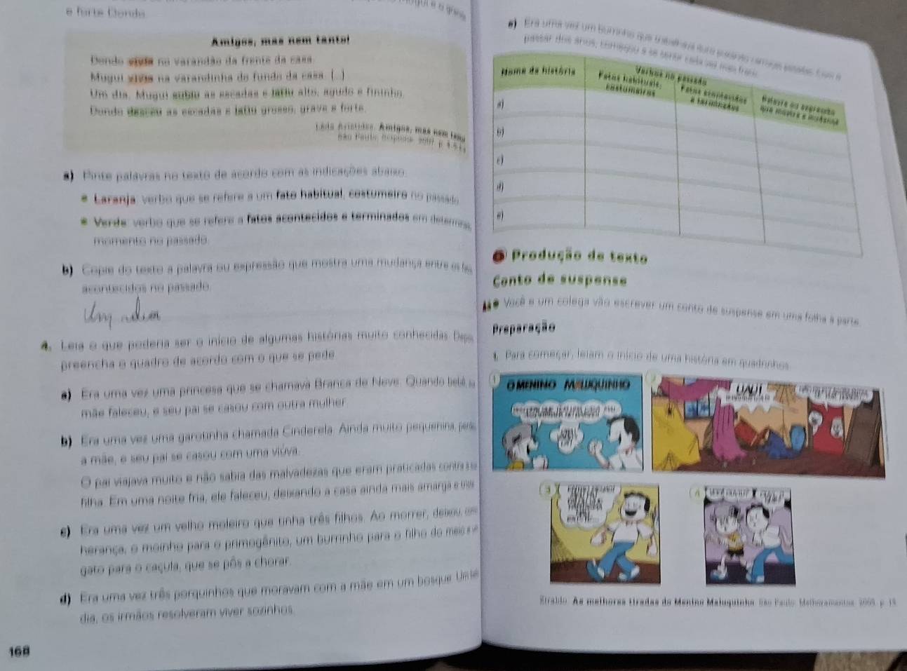 forts Conde
Amiges, más nem tantol
Ena uma vier um bumnho que thtaéh
passar dos áños, c
Dendo via na varandão da frente da casa
Mugui vios na varandinha de fundo da casa. (  ) 
Um dia, Mugui subiu as escadas e latu alto, agudo e fininho
Dondo desceu as escadas e isttu gresss, grave a forts.
Leda Arístides. Amigos, más nem las
*) Pinte palavras no texto de acordo com as indicações abaxo.
Laranja: verbo que se refere a um fato habitual, costumeiro no passado
Verde verbo que se refera a fatos acontecidos e terminados em determers
momento no passado 
) Copie do texto a palavra ou espressão que mostra uma mudança entre es a
acontscidos no passado.
Conto de suspense
● Vacê e um colega vão escrever um conto de suspense em uma folha a parte
4. Leia o que podera ser o início de algumas histórias muito conhecidas. Deps. Preparação
preencha o quadro de acordo com o que se pede 1 Para começar, leiam o início de uma história em 
#) Era uma vez uma princesa que se chamava Branca de Neve. Quando bebá 
mãe faleceu, e seu pai se casou com outra mulher 
b). Era uma vez uma garounha chamada Cinderela. Ainda muito pequenina pa
a mãe, e seu pai se casou com uma viúva.
O pai viajava muito e não sabia das malvadezas que eram praticadas contia s
filha. Em uma noite fria, ele faleceu, dexando a casa ainda mais amarga e in
e) Era uma vez um velho moleiro que tinha três filhos. Ao morrer, deixou, o
herança, o moinho para o primogênito, um burrinho para o filho do mes 
gato para o caçula, que se pôs a chorar.
4 ) Era uma vez três porquinhos que moravam com a mãe em um bosque Um
Etraldo. As melhores tiradas do Menino Maluquinha Eão Psulo, Melhoramentes, 2005, p. 19
dia, os irmãos resolveram viver sozinhos
168