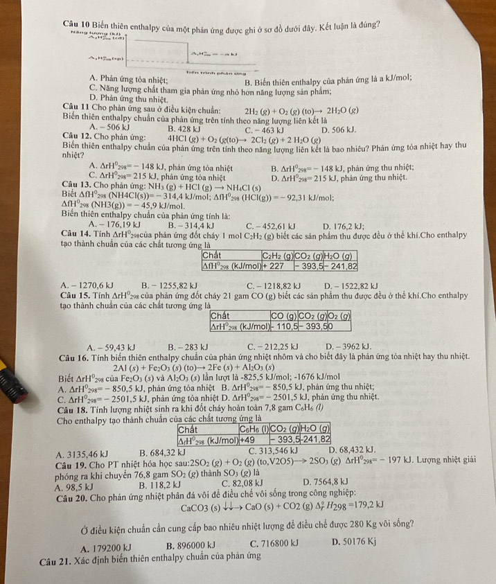 Biến thiên enthalpy của một phản ứng được ghi ở sơ đồ dưới đây. Kết luận là đúng?
g furon g (k )
H(s0)
tiên trình phân ứng
A. Phản ứng tỏa nhiệt;
B. Biển thiên enthalpy của phản ứng là a kJ/mol;
C. Năng lượng chất tham gia phản ứng nhỏ hơn năng lượng sản phẩm;
D. Phản ứng thu nhiệt.
Câu 11 Cho phản ứng sau ở điều kiện chuẩn: 2H_2(g)+O_2(g)(to)to 2H_2O(g)
Biến thiên enthalpy chuẩn của phản ứng trên tính theo năng lượng liên kết là.-506k B. 428 kJ C. -463kJ
Câu 12. Cho phản ứng: 4HCl(g)+O_2(g(to)to 2Cl_2(g)+2H_2O(g) D. 506 kJ.
Biến thiên enthalpy chuẩn của phản ứng trên tính theo năng lượng liên kết là bao nhiêu? Phản ứng tỏa nhiệt hay thu
nhiệt?
A. △ rH^0_298=-148kJ , phản ứng tỏa nhiệt B. △ rH^0_298=-148kJ , phản ứng thu nhiệt;
C. △ rH^0_298=215kJ , phản ứng tòa nhiệt D. △ rH^0_298=215kJ
Câu 13. Cho phản ứng: :NH_3(g)+HCl(g)to NH_4Cl(s) , phản ứng thu nhiệt.
Biết △ fH° 298 (NH4Cl(s))=-314,4kJ/mol;△ fH°_298(HCl(g))=-92,31kJ/mol;
△ fH° 298 (NH3(g))=-45,9kJ/m ol.
Biển thiên enthalpy chuẩn của phản ứng tính là:
A. -1 76,19 kJ B. - 314.4 k. C. - 452,61 kJ D. 176,2 kJ;
Câu 14. Tính △ rH° 298của phản ứng đốt cháy 1 mol C_2H_2 (g) biết các sản phẩm thu được đều ở thể khí.Cho enthalpy
tạo thành chuẩn của các chất tươn
A. - 1270,6 kJ B. - 1255,82 kJ C. - 1218,82 kJ D. - 1522,82 kJ
Câu 15. Tính △ rH^0 298 của phản ứng đốt cháy 21 gam CO (g) biết các sản phẩm thu được đều ở thể khí.Cho enthalpy
tạo thành chuẩn của các chất tương ứ
A. - 59,43 kJ B. - 283 kJ C. - 212,25 kJ D. - 3962 kJ.
Câu 16. Tính biến thiên enthalpy chuẩn của phản ứng nhiệt nhôm và cho biết đây là phản ứng tỏa nhiệt hay thu nhiệt.
2Al(s)+Fe_2O_3(s)(to)to 2Fe(s)+Al_2O_3 (s)
Biết △ rH^0 298 của Fe_2O_3(s) và Al_2O_3 (s) lần lượt là -825,5 kJ/mol; - 1676 kJ/mol
A. △ rH^0_298=-850.5kJ , phản ứng tỏa nhiệt B. △ rH^0_298=-850,5kJ , phản ứng thu nhiệt;
C. △ rH^0_298=-2501,5kJ phản ứng tỏa nhiệt D. △ rH^0_298=-2501,5kJ , phản ứng thu nhiệt.
Câu 18. Tính lượng nhiệt sinh ra khi đốt cháy hoàn toàn 7,8 gam C_6H_6 (1)
Cho enthalpy tạo thành chu
A. 3135,46 kJ B. 684,32 kJ C. 313,546 kJ D. 68,432 kJ.
Câu 19. Cho PT nhiệt hóa học sau: :2SO_2(g)+O_2(g)(to,V2O5)to 2SO_3(g) △ rH^0_298=-197kJ.  Lượng nhiệt giải
phóng ra khi chuyển 76,8 gam SO_2(g) thành SO3 (g) là
A. 98,5 kJ B. 118,2 kJ C. 82,08 kJ D. 7564,8 kJ
Câu 20. Cho phản ứng nhiệt phân đá vôi để điều chế vôi sống trong công nghiệp:
CaCO3(s)downarrow downarrow to CaO(s)+CO2 (g) △ _r^((circ)H_298)=179,2kJ
Ở điều kiện chuẩn cần cung cấp bao nhiêu nhiệt lượng để điều chế được 280 Kg vôi sống?
A. 179200 kJ B. 896000 kJ C. 716800 kJ D. 50176 Kj
Câu 21. Xác định biến thiên enthalpy chuẩn của phản ứng