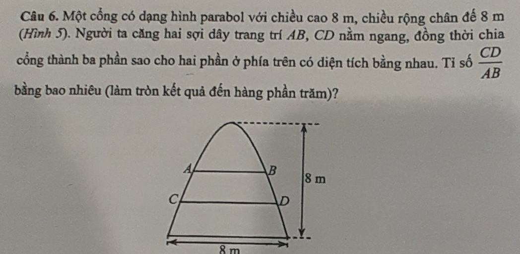 Một cổng có dạng hình parabol với chiều cao 8 m, chiều rộng chân đế 8 m
(Hình 5). Người ta căng hai sợi dây trang trí AB, CD nằm ngang, đồng thời chia 
cổng thành ba phần sao cho hai phần ở phía trên có diện tích bằng nhau. Tỉ số  CD/AB 
bằng bao nhiêu (làm tròn kết quả đến hàng phần trăm)?
8m