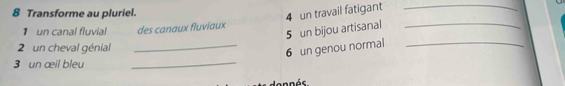 Transforme au pluriel. 
4 un travail fatigant_ 
1 un canal fluvial des canaux fluviaux 
5 un bijou artisanal_ 
2 un cheval génial 
_6 un genou normal_ 
3 un œil bleu 
_ 
ennás