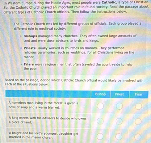 In Western Europe during the Middle Ages, most people were Catholic, a type of Christian. 
So, the Catholic Church played an important role in feudal society. Read the passage about 
different types of Catholic Church officials. Then follow the instructions below. 
The Catholic Church was led by different groups of officials. Each group played a 
different role in medieval society: 
Bishops managed many churches. They often owned large amounts of 
land and were close advisors to lords and kings. 
Priests usually worked in churches on manors. They performed 
religious ceremonies, such as weddings, for all Christians living on the 
manor. 
Friars were religious men that often traveled the countryside to help 
the poor. 
Based on the passage, decide which Catholic Church official would likely be involved with 
each of the situations below.