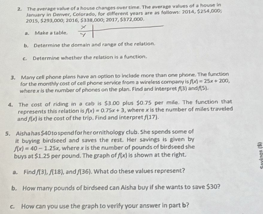 The average value of a house changes over time. The average values of a house in 
January in Denver, Colorado, for different years are as follows: 2014, $254,000;
2015, $293,000; 2016, $338,000 0:2017, 537 72,000. 
a. Make a table. 
b. Determine the domain and range of the relation. 
c. Determine whether the relation is a function. 
3. Many cell phone plans have an option to include more than one phone. The function 
for the monthly cost of cell phone service from a wireless company is f(x)=25x+200, 
where x is the number of phones on the plan. Find and interpret f(3) and f(5). 
4. The cost of riding in a cab is $3.00 plus $0.75 per mile. The function that 
represents this relation is f(x)=0.75x+3 , where x is the number of miles traveled 
and f(x) is the cost of the trip. Find and interpret f(17). 
5. Aishahas $40 to spend for her ornithology club. She spends some of 
it buying birdseed and saves the rest. Her savings is given by
f(x)=40-1.25x , where x is the number of pounds of birdseed she 
buys at $1.25 per pound. The graph of f(x) is shown at the right. 
B 
a. Find f(3), f(18) , and f(36). What do these values represent? 
b. How many pounds of birdseed can Aisha buy if she wants to save $30? 
c. How can you use the graph to verify your answer in part b?