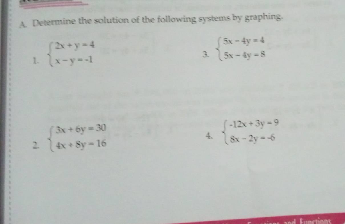 Determine the solution of the following systems by graphing. 
1. beginarrayl 2x+y=4 x-y=-1endarray.
3. beginarrayl 5x-4y=4 5x-4y=8endarray.
2. beginarrayl 3x+6y=30 4x+8y=16endarray.
4. beginarrayl -12x+3y=9 8x-2y=-6endarray.
Fnctions