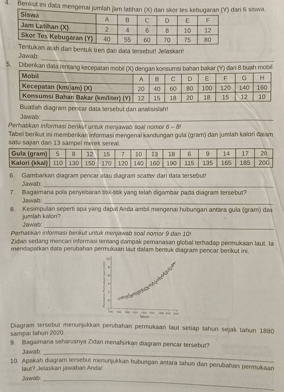 Berikut ini data mengenai jumlah jamri 6 siswa
rah dan bentuk tren dari data tersebut! Jelaskan!
_
Jawab:
5. Diberikan data tentang kecepatan mobil (X) dengan konsumsi bahan bakar (Y) dari 8 buah mobil.
Buatlah diagram pencar data tersebut dan analisislah!
_
Jawab:
Perhatikan informasi berikut untuk menjawab soal nomor 6 - 8!
Tabel berikut ini memberikan informasi mengenai kandungan gula (gram) dan jumlah kalori dalam
satu sajian dari 13 sampel merek sereal.
6. Gambarkan diagram pencar atau diagram scatter dari data tersebut!
Jawab:_
7. Bagaimana pola penyebaran titik-titik yang telah digambar pada diagram tersebut?
Jawab:_
8. Kesimpulan seperti apa yang dapat Anda ambil mengenai hubungan antara gula (gram) da
jumlah kalori?
Jawab:_
Perhatikan informasi berikut untuk menjawab soal nomor 9 dan 10!
Zidan sedang mencari informasi tentang dampak pemanasan global terhadap permukaan laut. Ia
mendapatkan data perubahan permukaan laut dalam bentuk diagram pencar berikut ini.
10-
8
6
4
      
2
0
1680 1880 1900 1920 1940 1980 1990 2000 2020
Tahun
Diagram tersebut menunjukkan perubahan permukaan laut setiap tahun sejak tahun 1880
sampai tahun 2020.
9. Bagaimana seharusnya Zidan menafsirkan diagram pencar tersebut?
Jawab:_
10. Apakah diagram tersebut menunjukkan hubungan antara tahun dan perubahan permukaan
laut? Jelaskan jawaban Anda!
Jawab:_