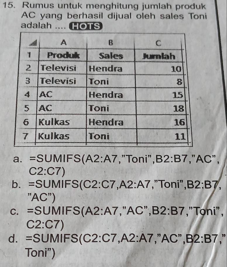 Rumus untuk menghitung jumlah produk
AC yang berhasil dijual oleh sales Toni
adalah .... HOTS
a. = S UMIFS(A n^+ :A / 7,"Toni", B2:B7,"AC",
C2:C7)
b. =SUMIFS(C2:C7,A2:A7 , "Toni", B2:B7,
''AC'')
C. =S∪ MIFS(A2:A7 ,"AC", B2:B7 ,"Toni",
C2:C7)
d. =SUMIFS(C2:C7,A2:A7, ,''AC'', B2:B7."
Toni")