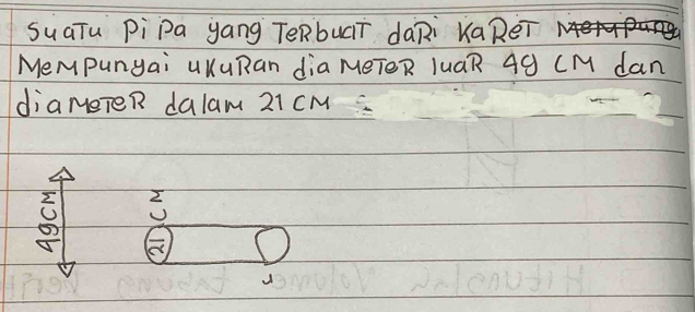 SuaTu PiPa yang TeRbuGī daRi KaRēT
MeMpunyai UKuRan dia MeTeR luGR 49 CM dan
diaMeTeR dalam 21 CM
2
overline 2