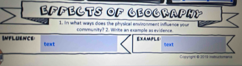 éfFéCTS OF GEOGRAphy 
1. In what ways does the physical environment influence your 
community? 2. Write an example as evidence. 
Influence: EXAMPLE： 
text text 
Copyright @ 2019 Instructomania