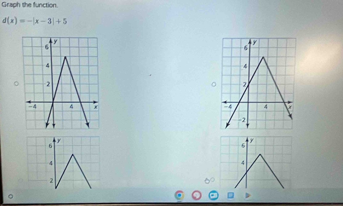 Graph the function.
d(x)=-|x-3|+5

y
6
4
2